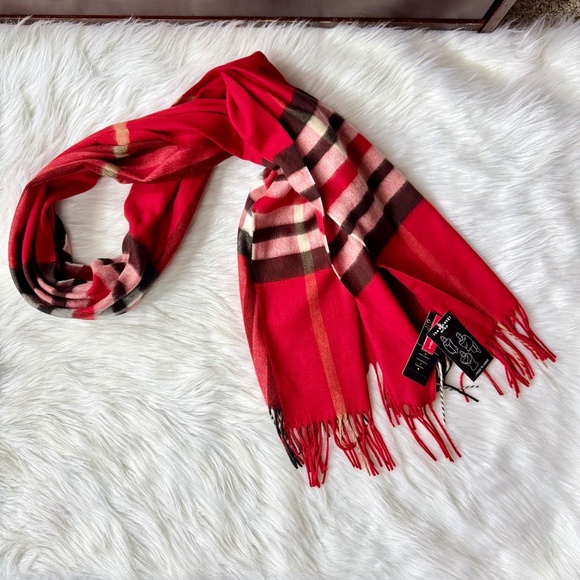 Cashmink Red Plaid Fringe Scarf Soft Lightweight Winter Wrap - Picture 2 of 10